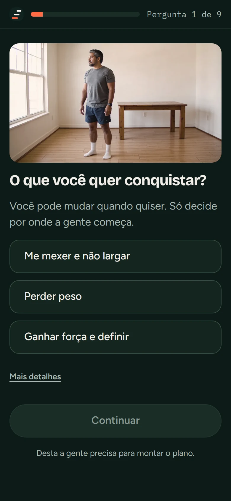 Tela do questionário no celular: uma pergunta, a foto do exercício e as respostas possíveis.