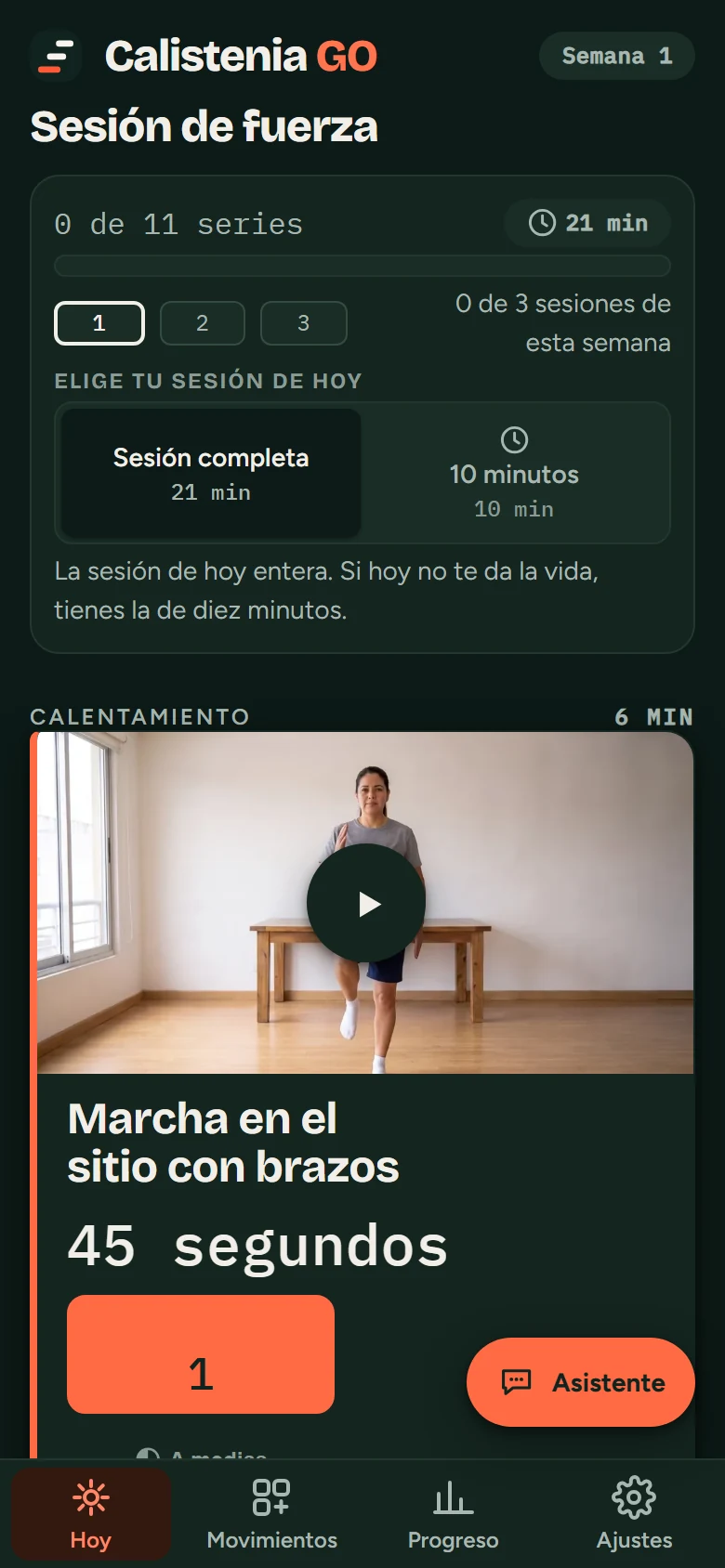 La sesión de hoy en el celular: el nombre de la sesión, las series que llevas y la opción de hacer solo diez minutos.