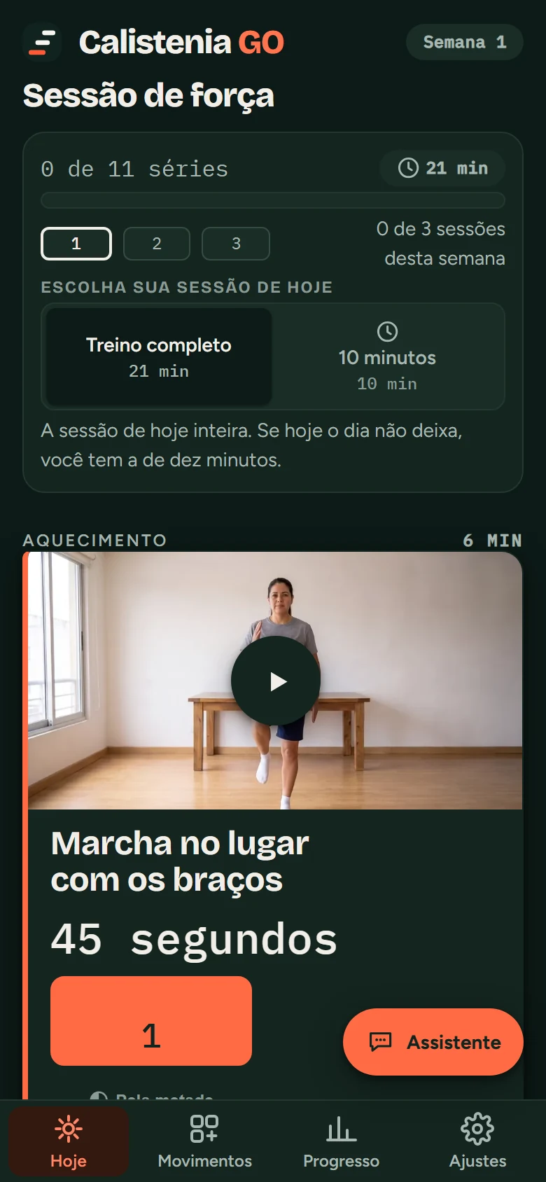A sessão de hoje no celular: o nome da sessão, as séries que você já fez e a opção de fazer só dez minutos.