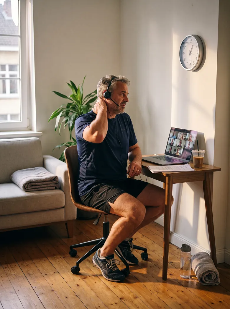 Um homem de uns cinquenta anos sentado na cadeira de trabalho, com fone de ouvido e uma videochamada no notebook, papéis e um café frio na mesa.
