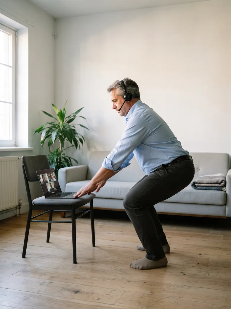 O mesmo homem, na mesma sala, fazendo um agachamento até o assento da cadeira com o notebook ainda aberto na mesa.