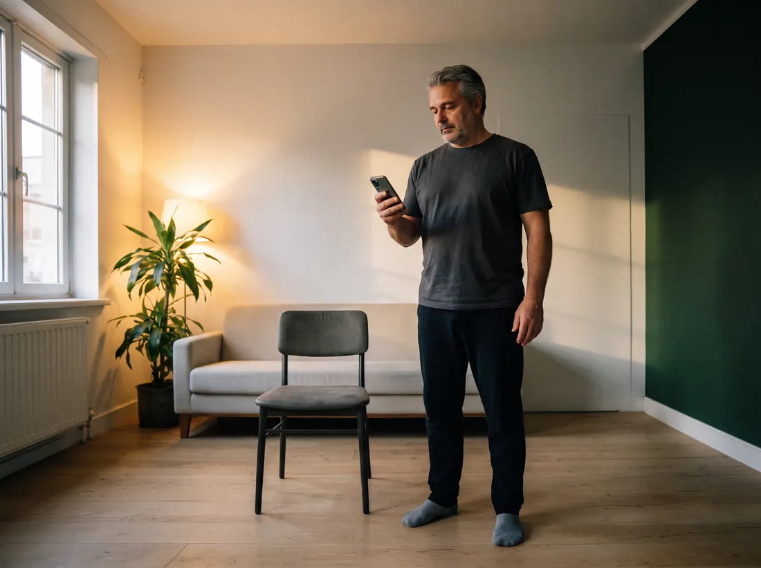 Um homem de uns cinquenta anos de pé na sala, com a cadeira já afastada e o celular na mão, lendo a sessão de hoje.